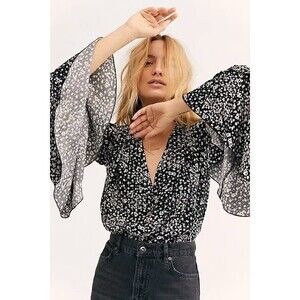 Free People Bodysuit Womens Small Ditsy Black White Floral Tiered Bell Sleeve